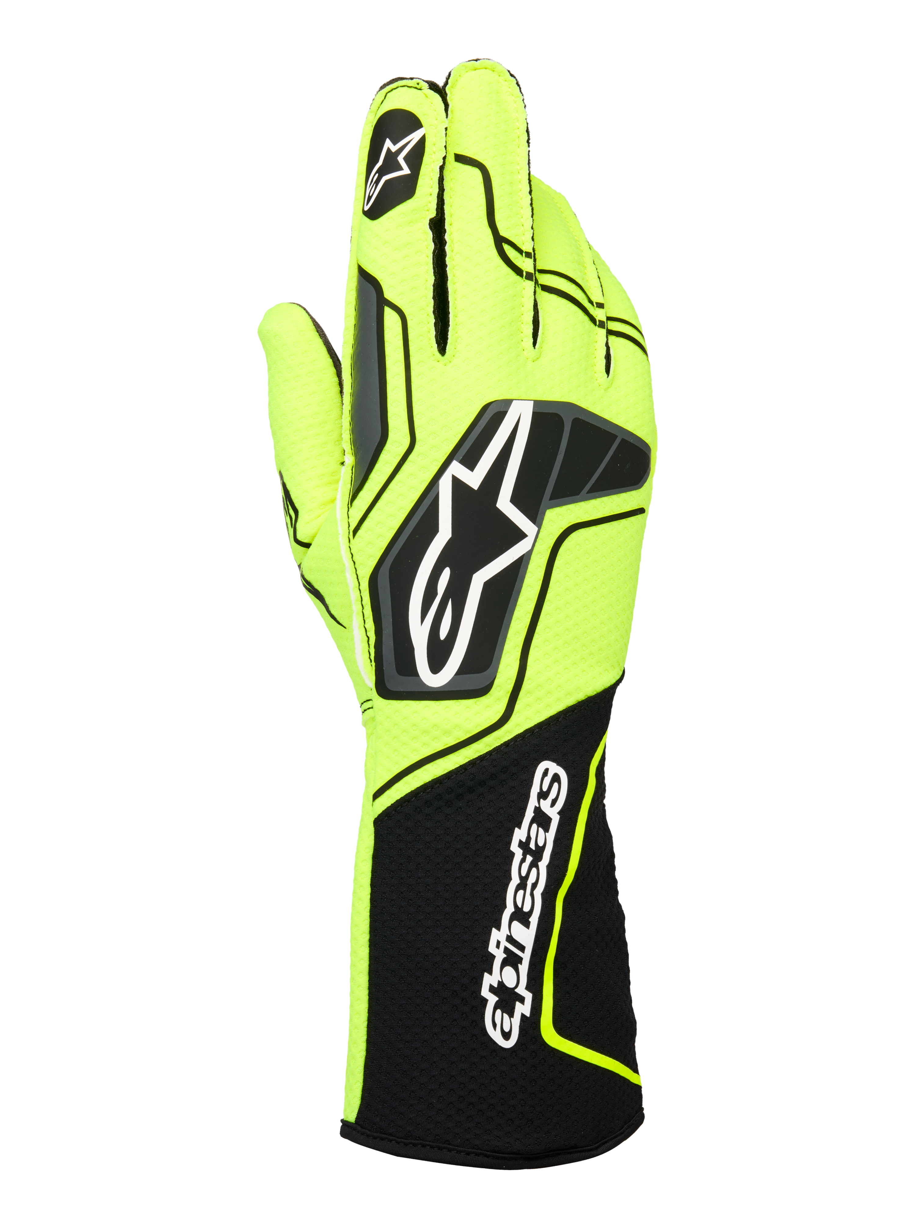 Alpinestars Tech-1 KX V4 Gloves, Karting Racing Gloves, Yellow Fluo and Black, back view featuring a breathable dual-layer mesh construction, prominent Astar logo on the hand, and Alpinestars wordmark on the extended ribbed cuff, ergonomic performance design.