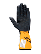 Alpinestars Tech-1 Race V4 Gloves, Auto Racing Gloves, Palm view in Black and Orange Fluo, featuring silicone grip pattern on the palm and fingers, extended orange cuff with FIA homologation label and Astars logo