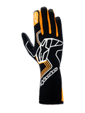 Alpinestars Tech-1 Race V4 Gloves, Auto Racing Gloves, Black and Orange Fluo, featuring a large white Astar logo on the back of the hand, orange finger accents, and a high-cuff gauntlet design for professional motorsports protection