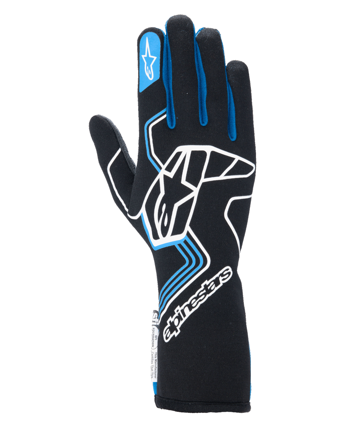 Alpinestars Tech-1 Race V4 Gloves, Auto Racing Gloves, Black with Blue and White accents, featuring a large white logo on the backhand, blue finger piping, and extended gauntlet cuff, professional flame-resistant design for motorsport