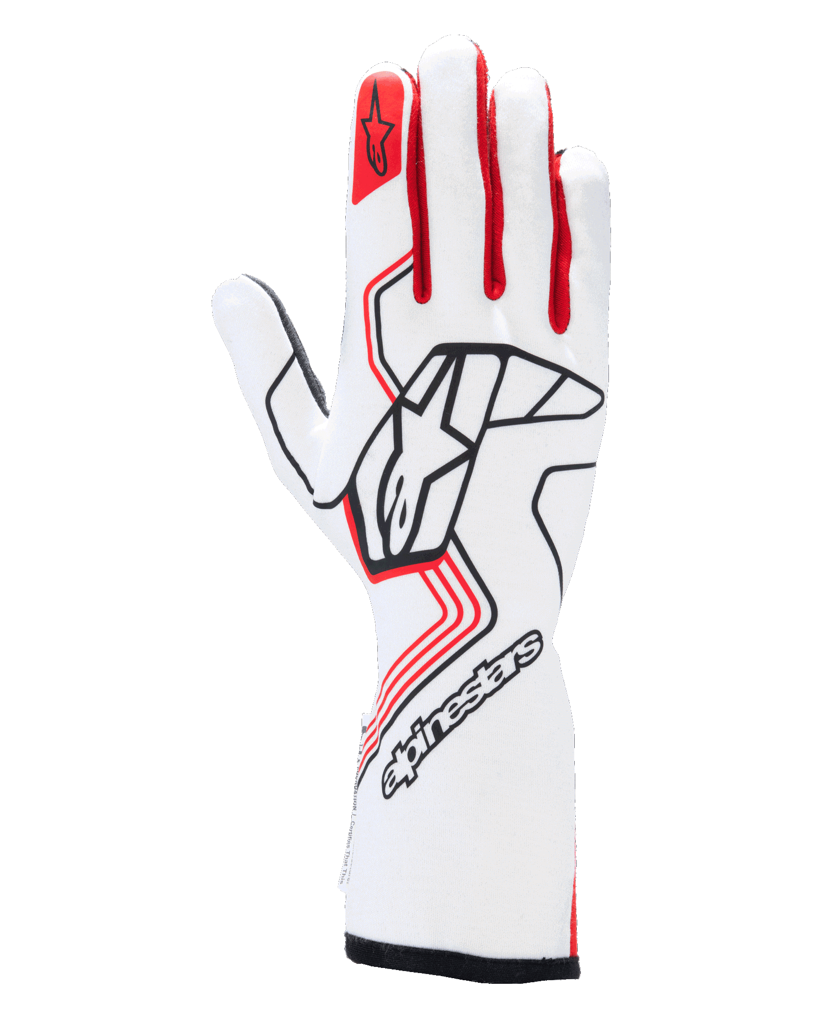 Alpinestars Tech-1 Race V4 Gloves, Auto Racing Gloves, White and Red with Black accents, featuring a bold black Alpinestars logo on the back of the hand, red star emblem on the index finger, professional full gauntlet design