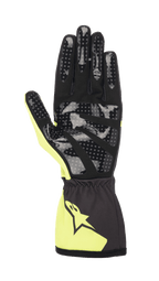 Alpinestars Youth Tech-1 K Race S V2 Corporate Gloves, Karting Gloves, Anthracite and Lime, palm view showing dotted silicone grip print, synthetic suede palm, and elasticated cuff with Alpinestars logo