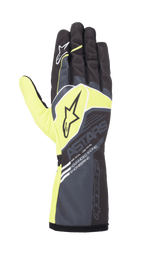 Alpinestars Youth Tech-1 K Race S V2 Corporate Gloves, Karting Racing Gloves, Anthracite and Lime Green, featuring star logos and 'ASTARS' branding, long gauntlet cuff with 'Advanced Racing Engineering' text, performance racing design for youth drivers