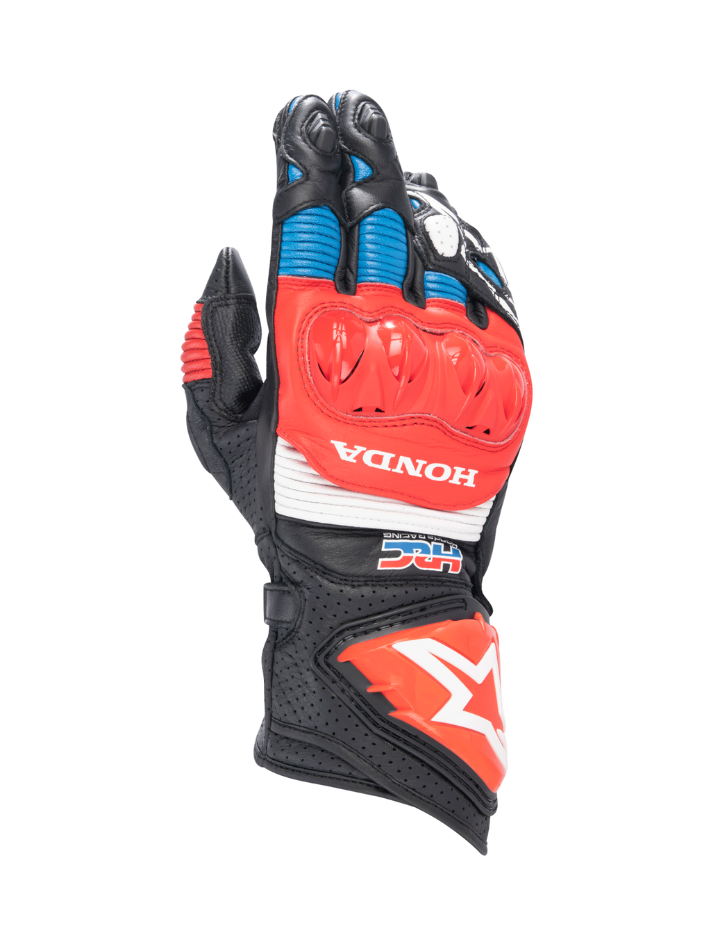 Alpinestars Honda GP Pro R3 Gloves, black and red leather motorcycle racing gauntlets with DFS knuckle protection.