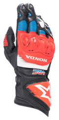 Alpinestars Honda GP Pro R3 Gloves, Motorcycle Racing Gauntlet Glove, Black with Bright Red and Blue accents, featuring a red DFS hard knuckle protector, white HONDA and HRC logos, perforated leather with accordion panels, and Alpinestars star logo on the cuff