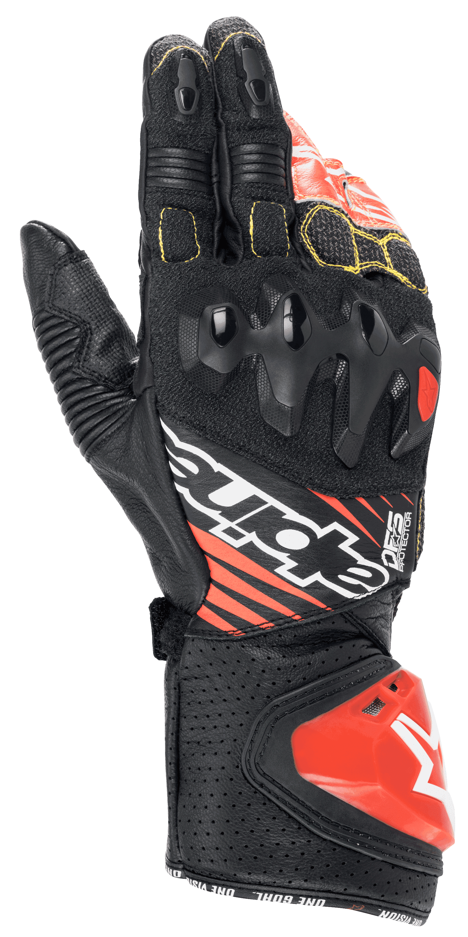 Alpinestars GP Tech V2 Gloves, Motorcycle Racing Gloves, Black White and Red Fluo, featuring dual-density knuckle protector, perforated leather with yellow stitching, red DFS cuff impact slider, professional racing design