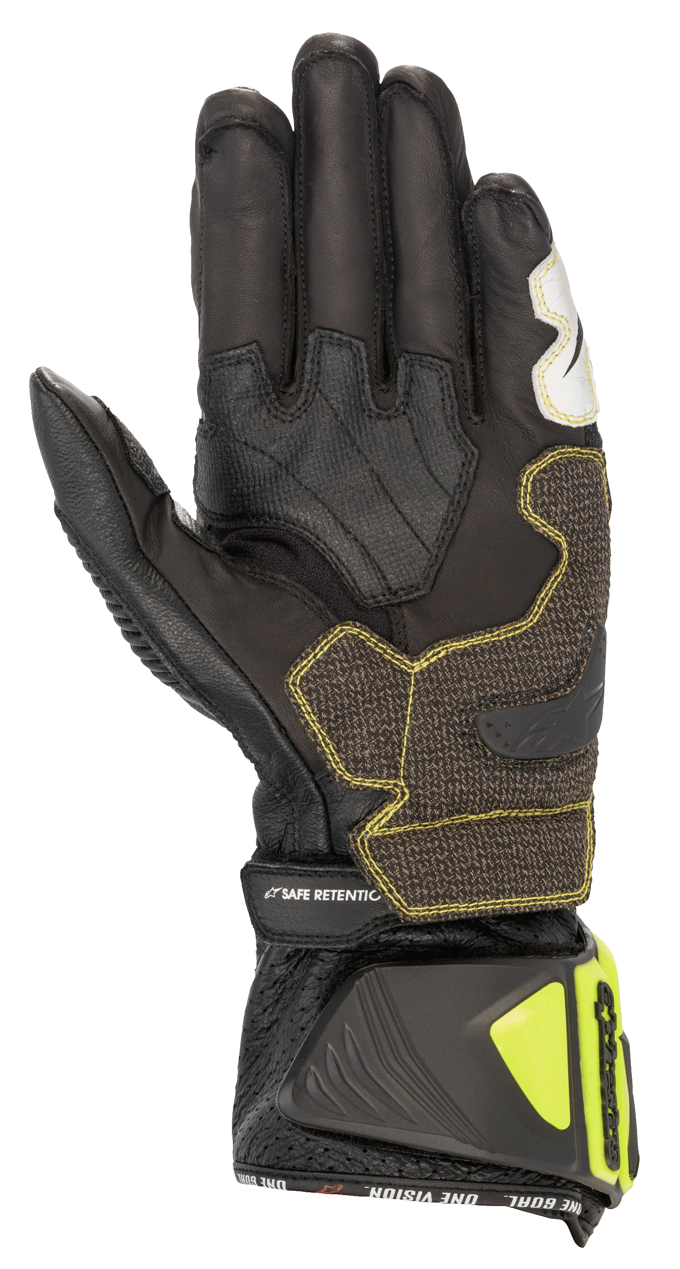 Alpinestars GP Tech V2 Gloves, Black and Yellow Fluo, Palm side view showing kangaroo leather construction, reinforced grip panels with yellow stitching, ergonomic cuff with yellow fluo protectors and 'SAFE RETENTION' strap, professional racing motorcycle gear