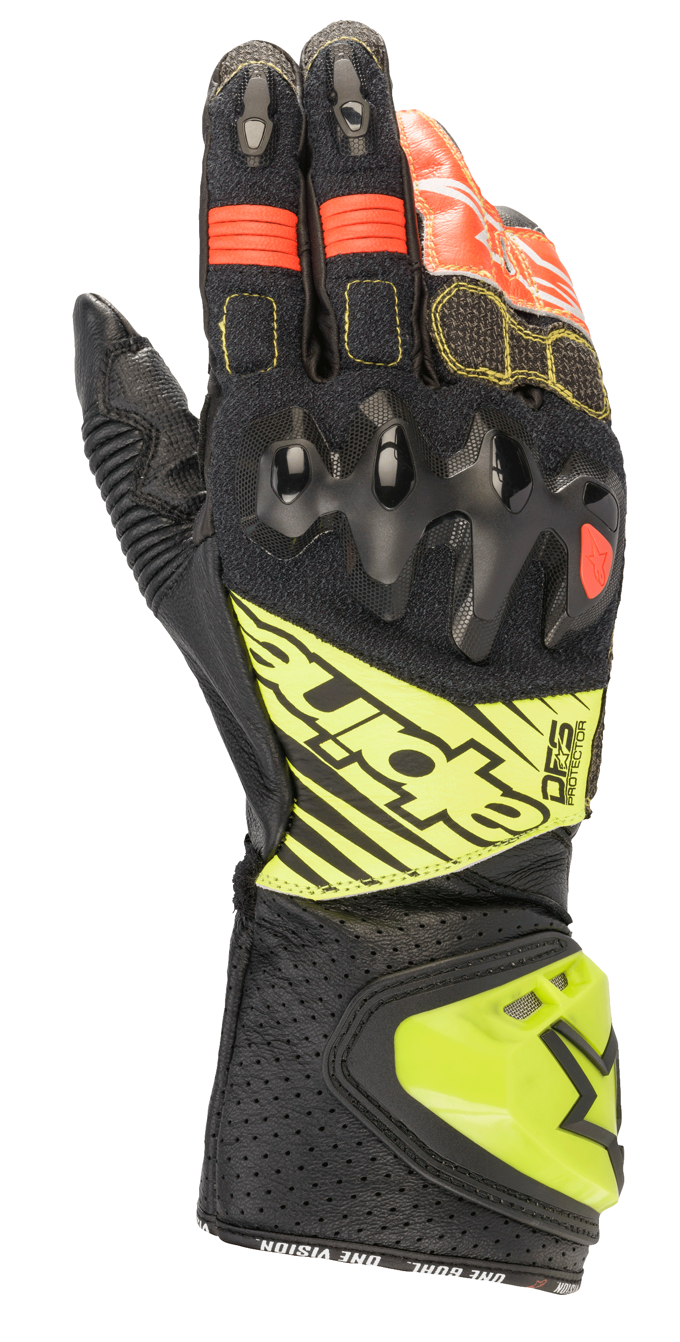Alpinestars GP Tech V2 Gloves, Motorcycle Racing Gloves, Black with Yellow Fluo and Red accents, featuring hard knuckle armor, perforated leather cuff with DFS branding, and accordion stretch panels for optimal flexibility.