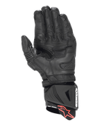 Alpinestars GP Pro R4 Gloves, Racing Gauntlet Gloves, Black, Palm view showing reinforced leather construction, perforated finger details, and DFS cuff protector with red star logo pull tab