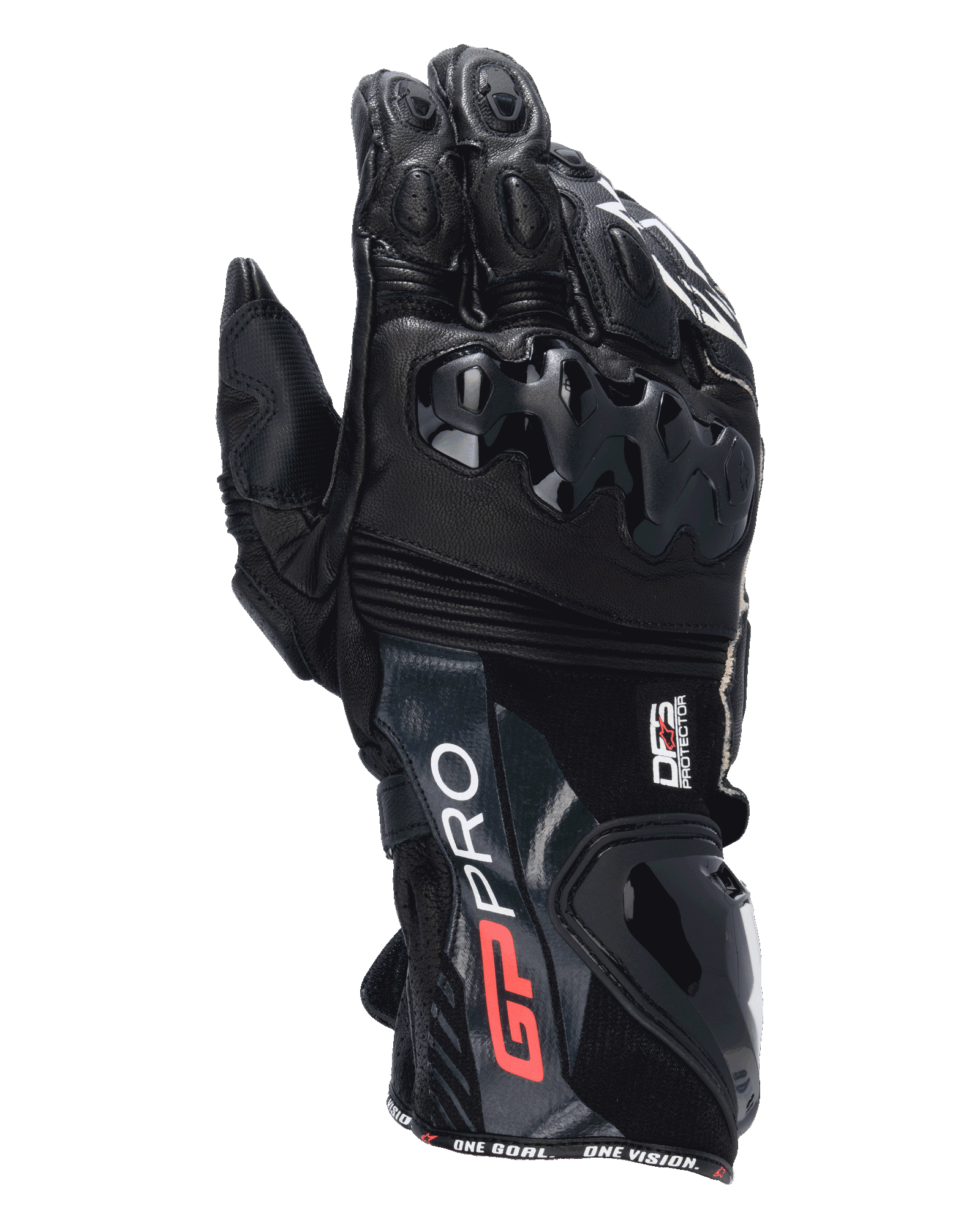 Alpinestars GP Pro R4 Gloves, Black Motorcycle Racing Gauntlet Gloves, featuring DFS knuckle and cuff protectors, premium leather construction with red and white branding, high-performance trackday protection