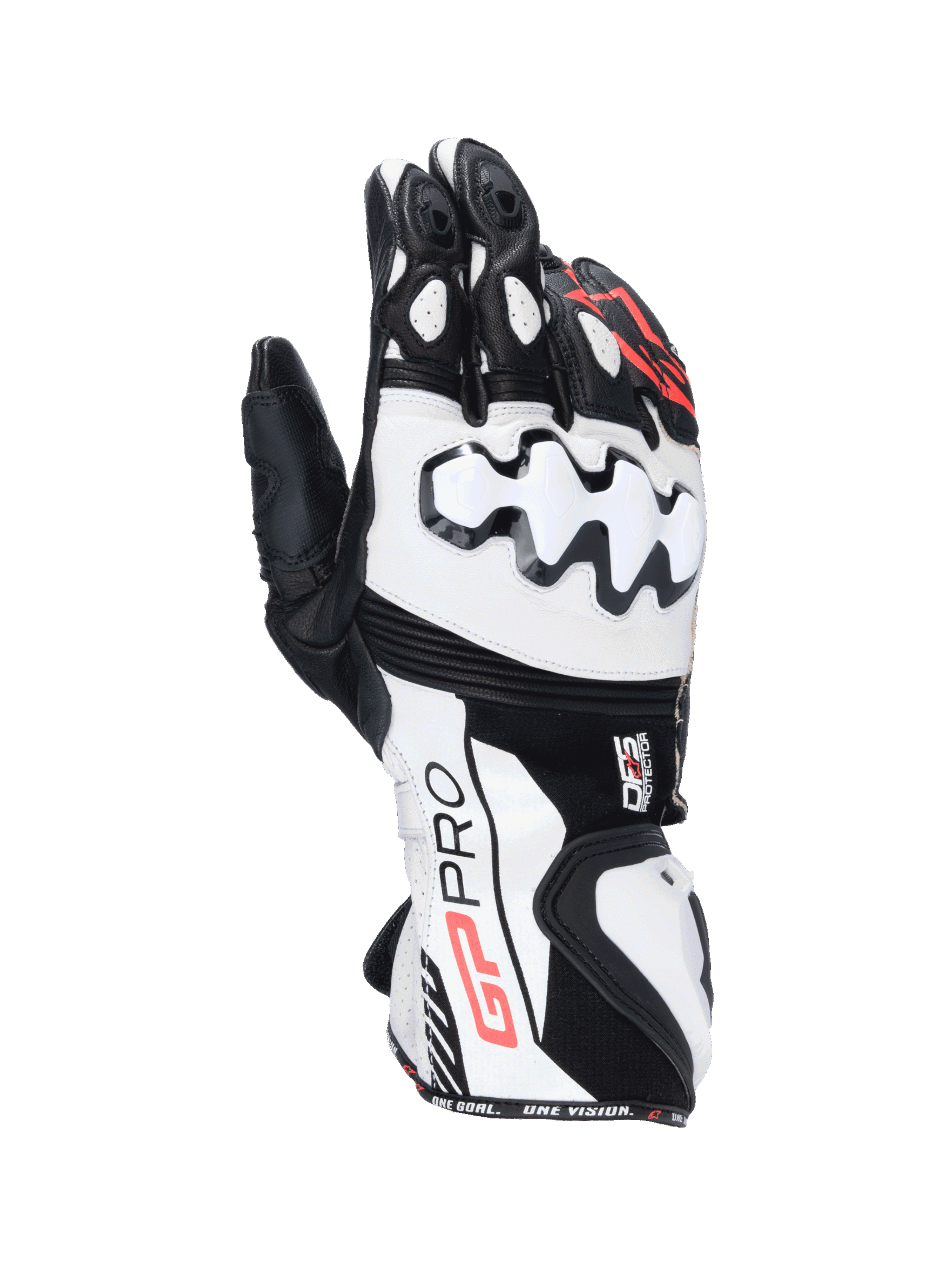 Alpinestars GP Pro R4 Gloves, black and white leather motorcycle racing gauntlet gloves with DFS knuckle protection.
