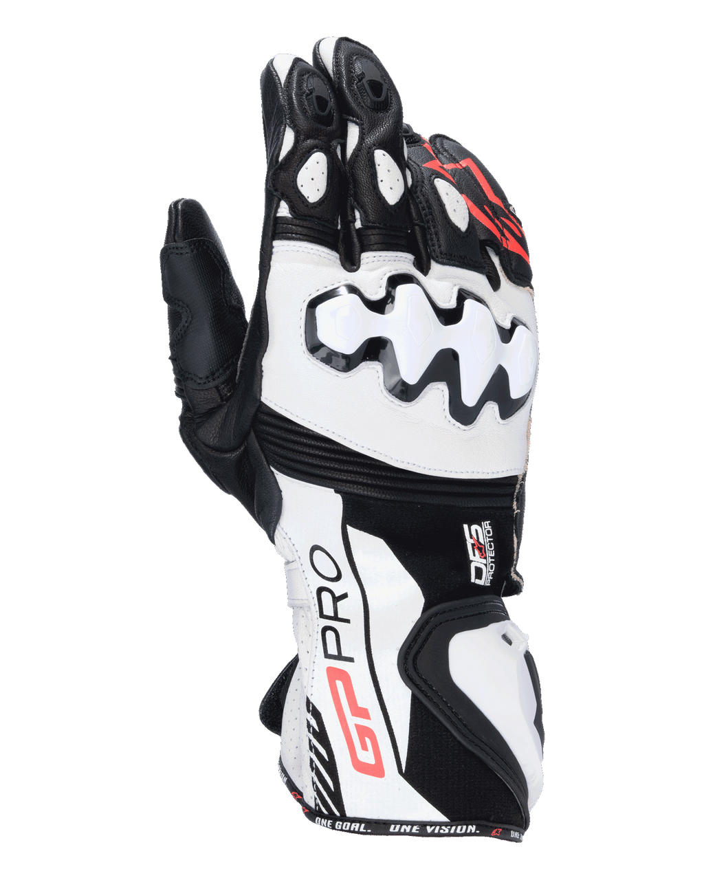 Alpinestars GP Pro R4 Gloves, Motorcycle Racing Gauntlet Gloves, Black White and Red, featuring white DFS knuckle protectors, premium leather construction, and high-performance track design.
