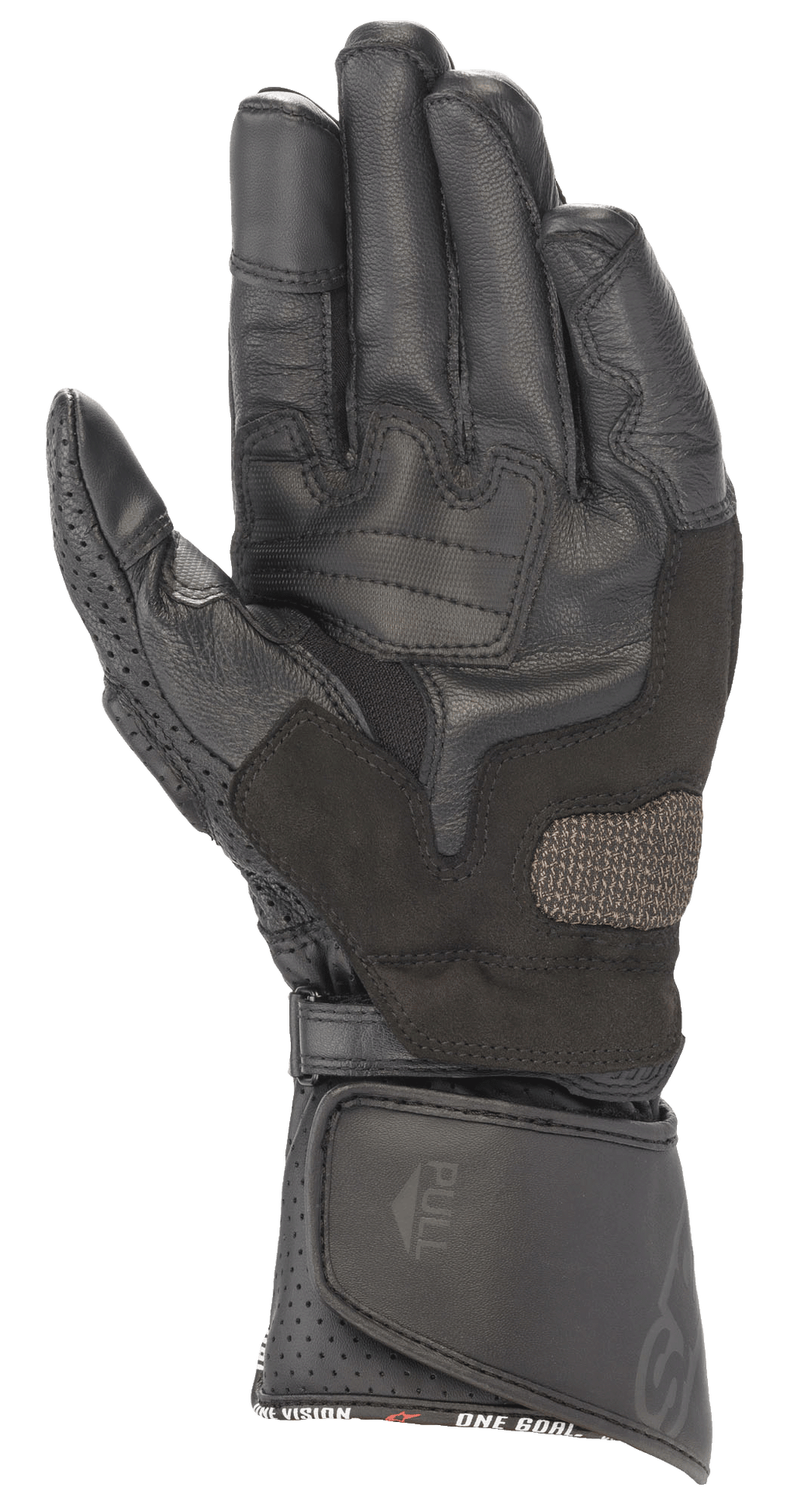 Alpinestars SP-8 V3 Leather Gloves, Black Black, palm view showing reinforced grip pads, perforated thumb, and adjustable hook and loop cuff closure, high-performance motorcycle racing protection