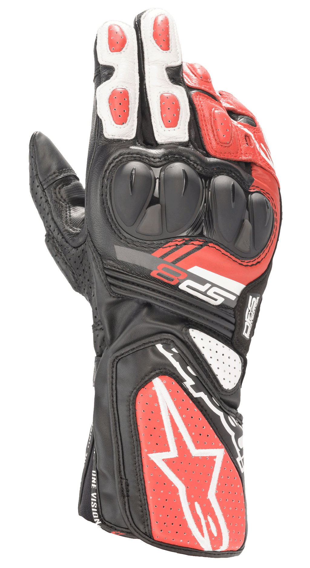 Alpinestars SP-8 V3 Gloves, Motorcycle Racing Gloves, Black White and Bright Red, featuring dual-density knuckle protection, perforated leather panels, and long cuff with bold Alpinestars branding, designed for track performance and road safety