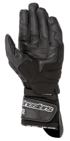 Alpinestars SP-8 V3 Air Gloves, Motorcycle Gloves, Black, palm view showing reinforced leather construction, grip inserts, and a wide wrist strap with white branding for a secure fit.