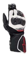 Alpinestars SP-8 V3 Air Gloves, Motorcycle Racing Gloves, Black White and Bright Red, featuring perforated leather construction, dual-density knuckle protection, 3D mesh panels, and red logo accents on the cuff