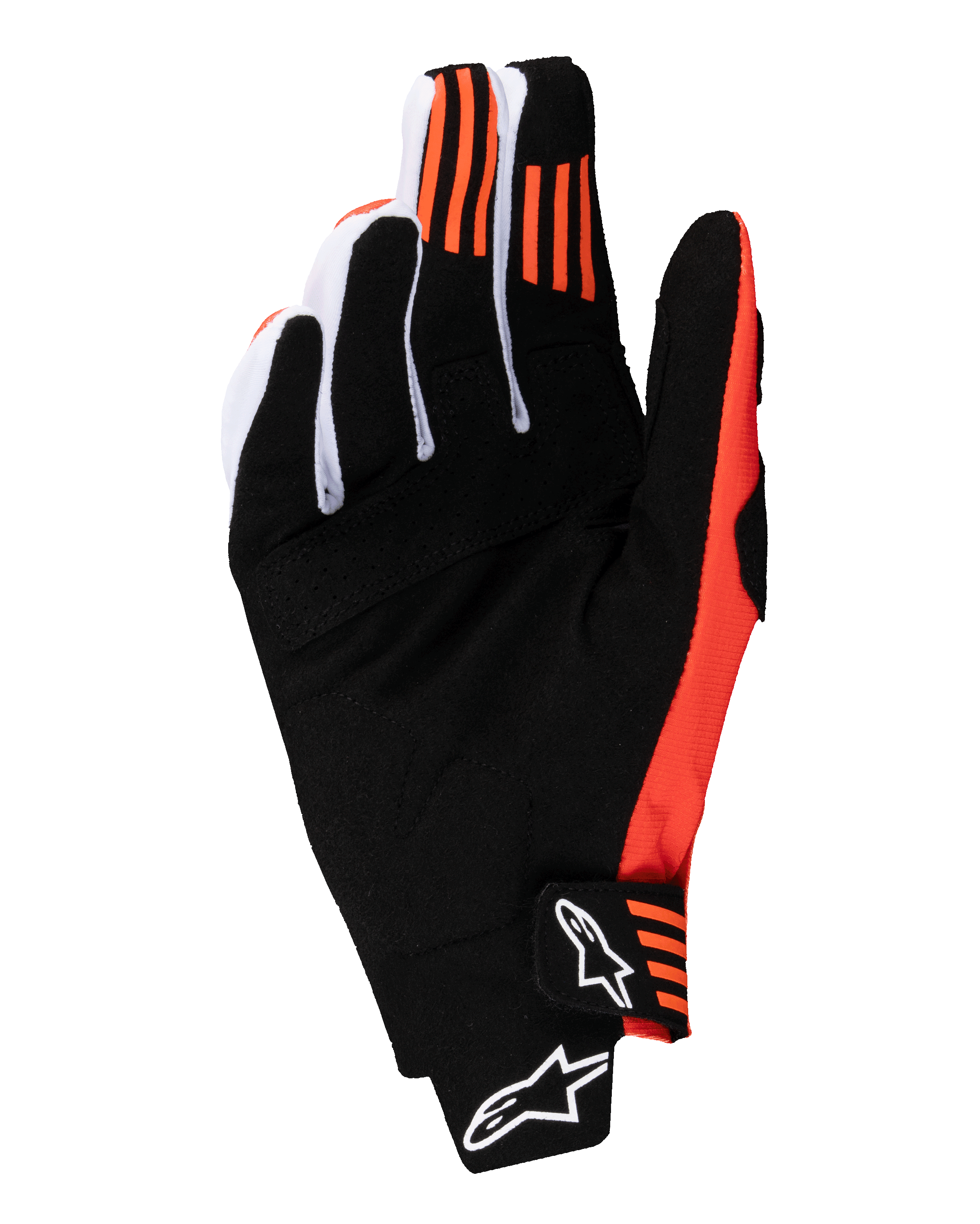 Alpinestars 2025 Techstar Gloves, Motocross Gloves, Black and Hot Orange, palm view featuring synthetic suede, orange silicone grip on index and middle fingertips, and molded closure with white Alpinestars logo.