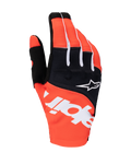 Alpinestars 2025 Techstar Gloves, Motocross Gloves, Black and Hot Orange, featuring white Alpinestars branding across the backhand, white star logo on black knuckle panel, performance textile gear for off-road racing