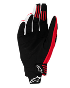 Alpinestars 2025 Techstar Gloves, Motocross Gloves, Black and Bright Red, palm view showing synthetic suede construction, red silicone grip stripes on fingers, and molded wrist closure with white Alpinestars logos