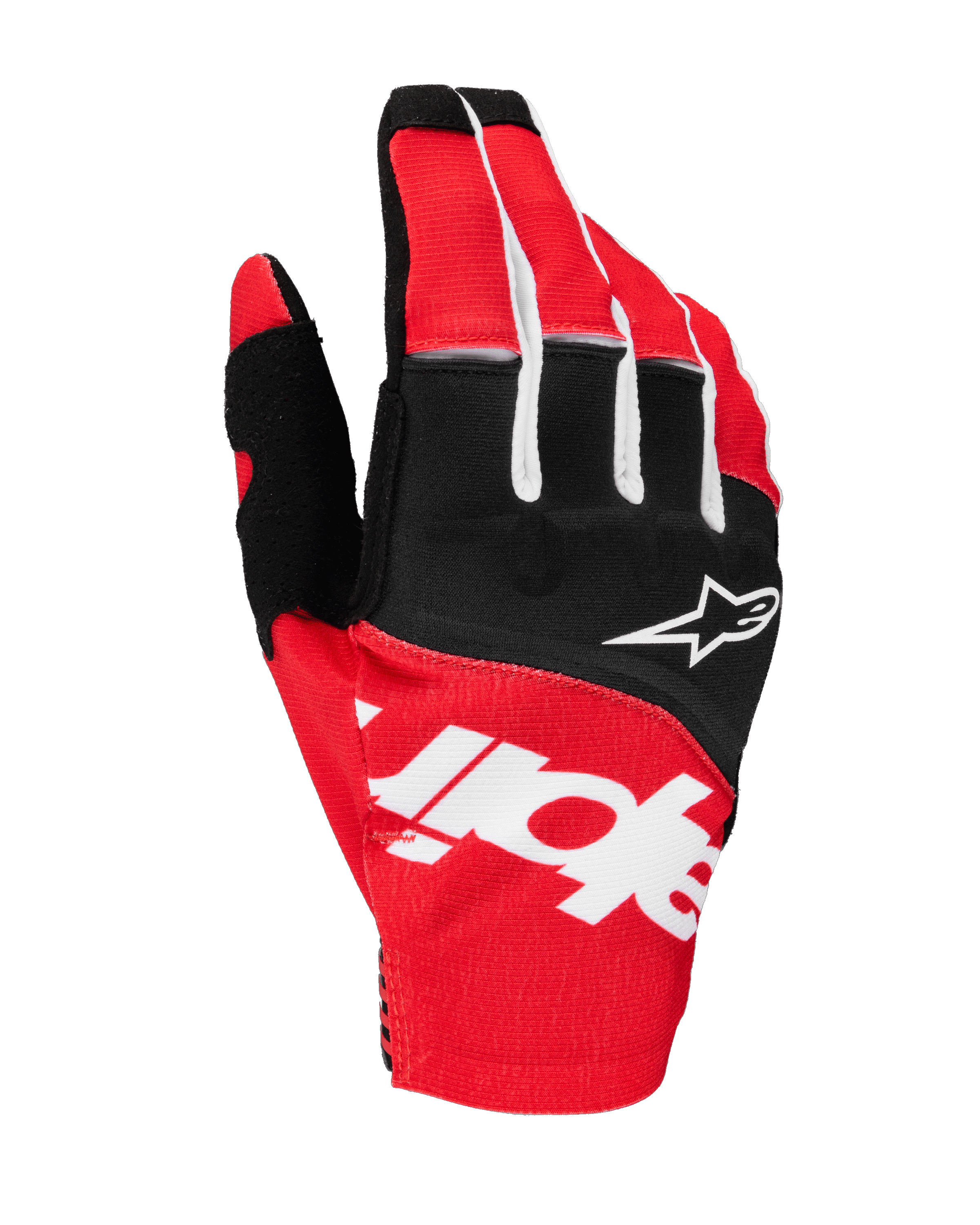 Alpinestars 2025 Techstar Gloves, Motocross Gloves, Black and Bright Red with White Accents, featuring large sublimated Alpinestars branding on the backhand and star logo on the knuckles, durable stretch fabric for off-road racing