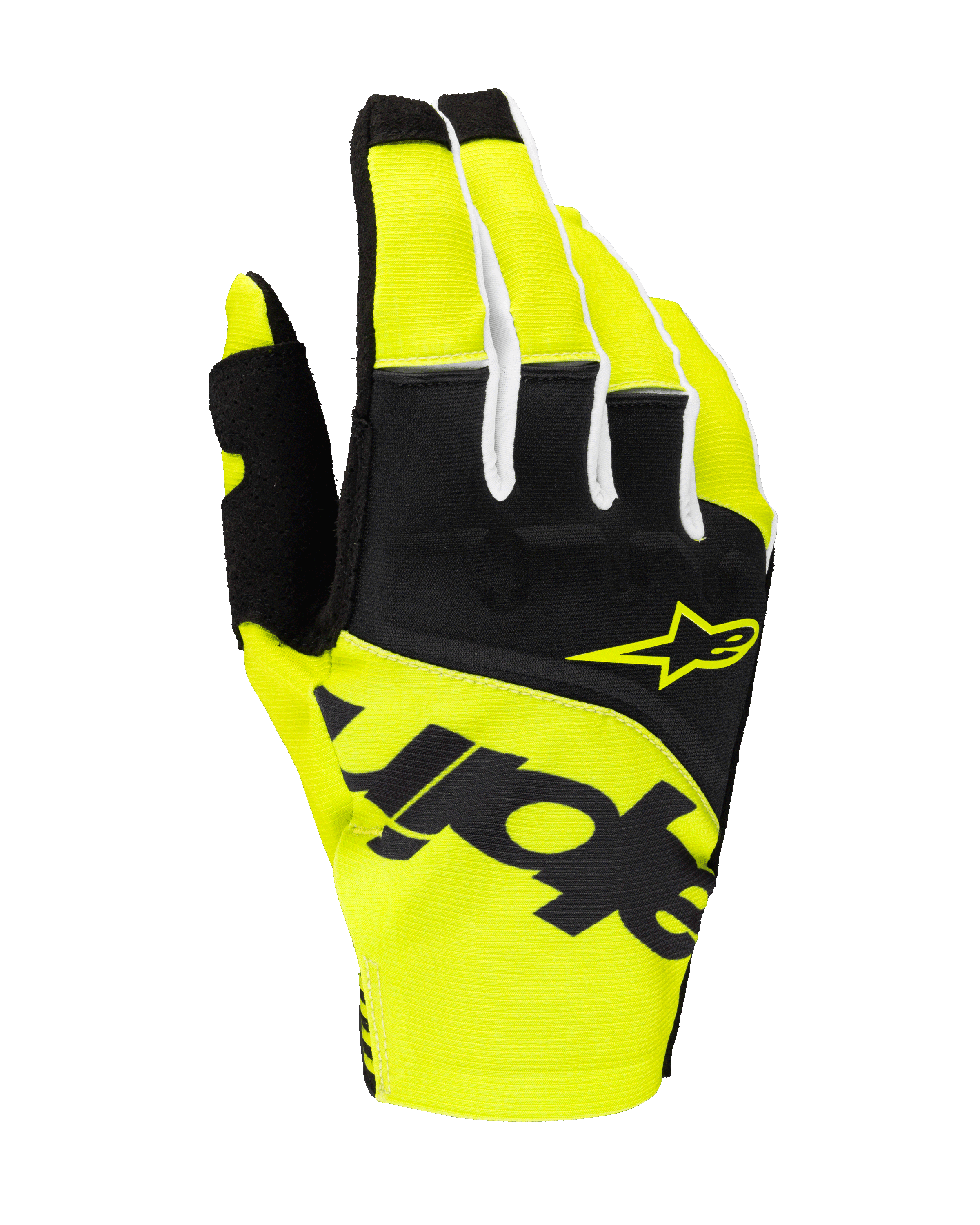 Alpinestars 2025 Techstar Gloves, Motocross Racing Gloves, Black and Yellow Fluo, featuring yellow star logo and bold black branding, textile construction with micro ripstop for off-road performance