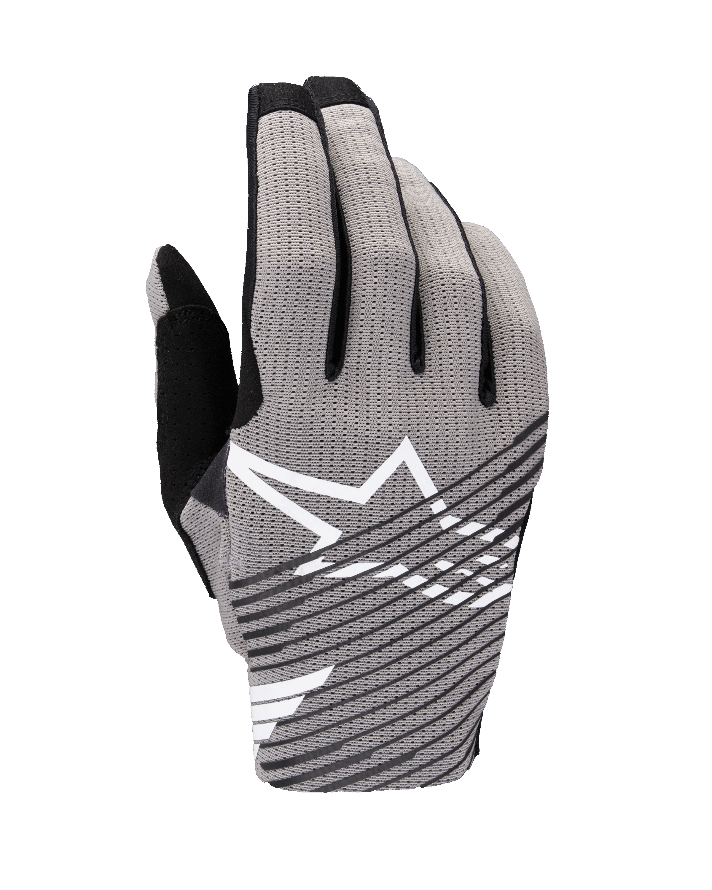 Alpinestars 2025 Radar Pro Gloves, Motocross Gloves, Gray and Black, backhand view featuring breathable 4-way stretch mesh, white star logo with black diagonal stripes, designed for performance and airflow