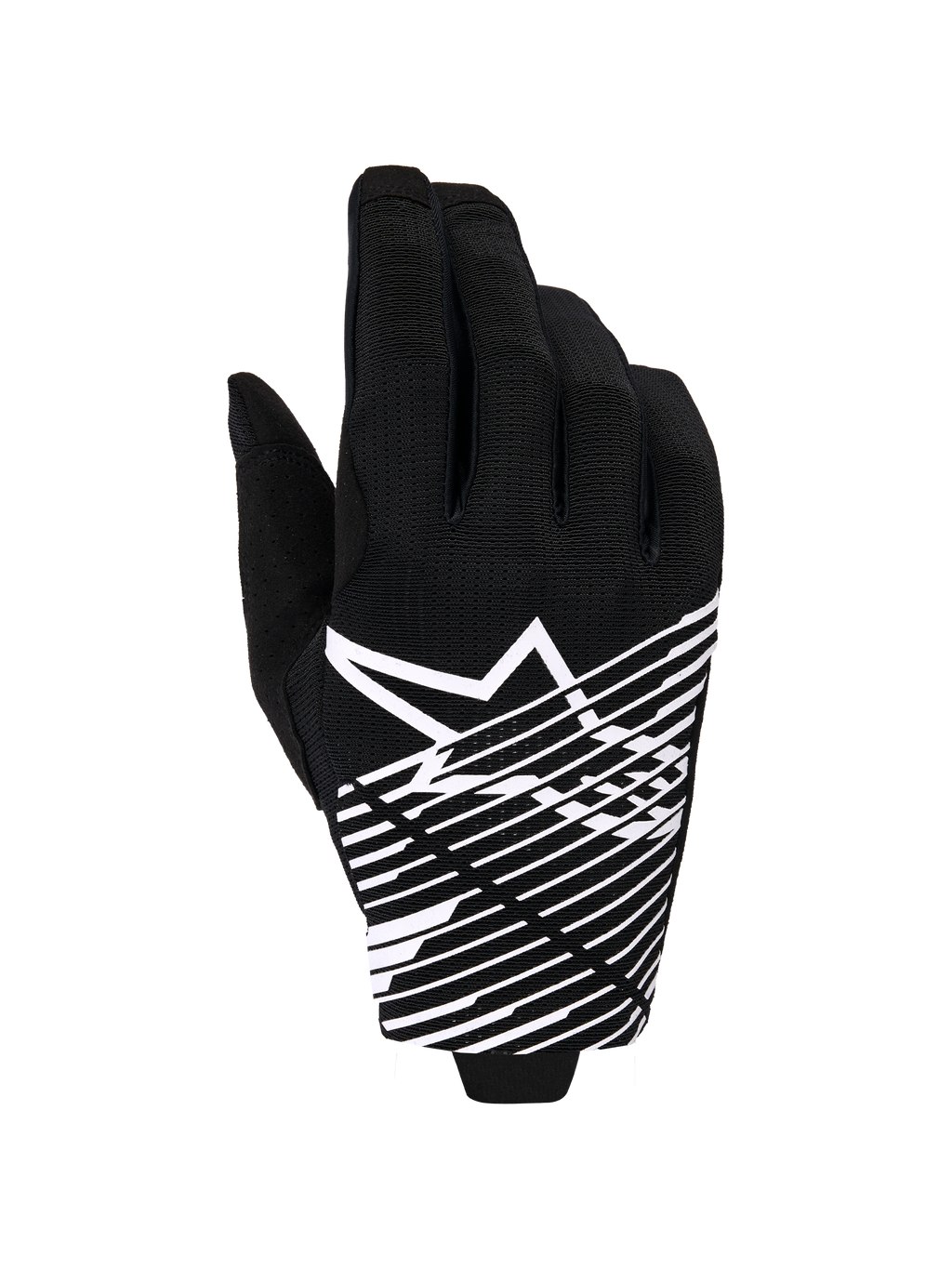 Alpinestars 2026 Radar Pro Gloves, Motocross Gloves, Black and White, featuring a white star logo and diagonal line graphic on the backhand, breathable mesh material with perforated details, performance off-road styling