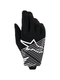 Alpinestars 2026 Radar Pro Gloves, Motocross Gloves, Black and White, featuring a white star logo and diagonal line graphic on the backhand, breathable mesh material with perforated details, performance off-road styling
