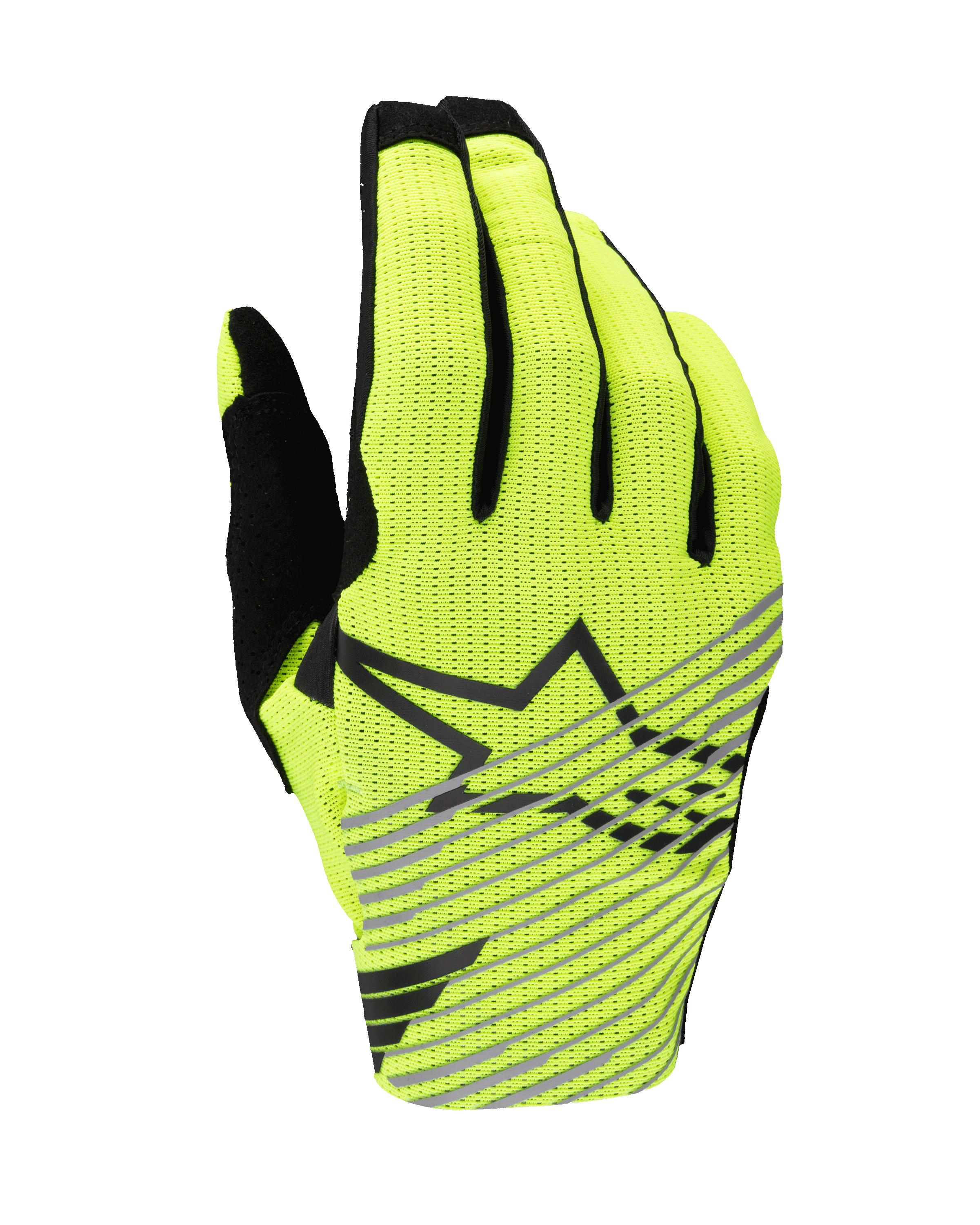Alpinestars 2025 Radar Pro Gloves, Motocross Gloves, Yellow Fluo and Black, single-layer breathable mesh backhand, black star logo with diagonal gray stripes, high-performance gear for off-road racing