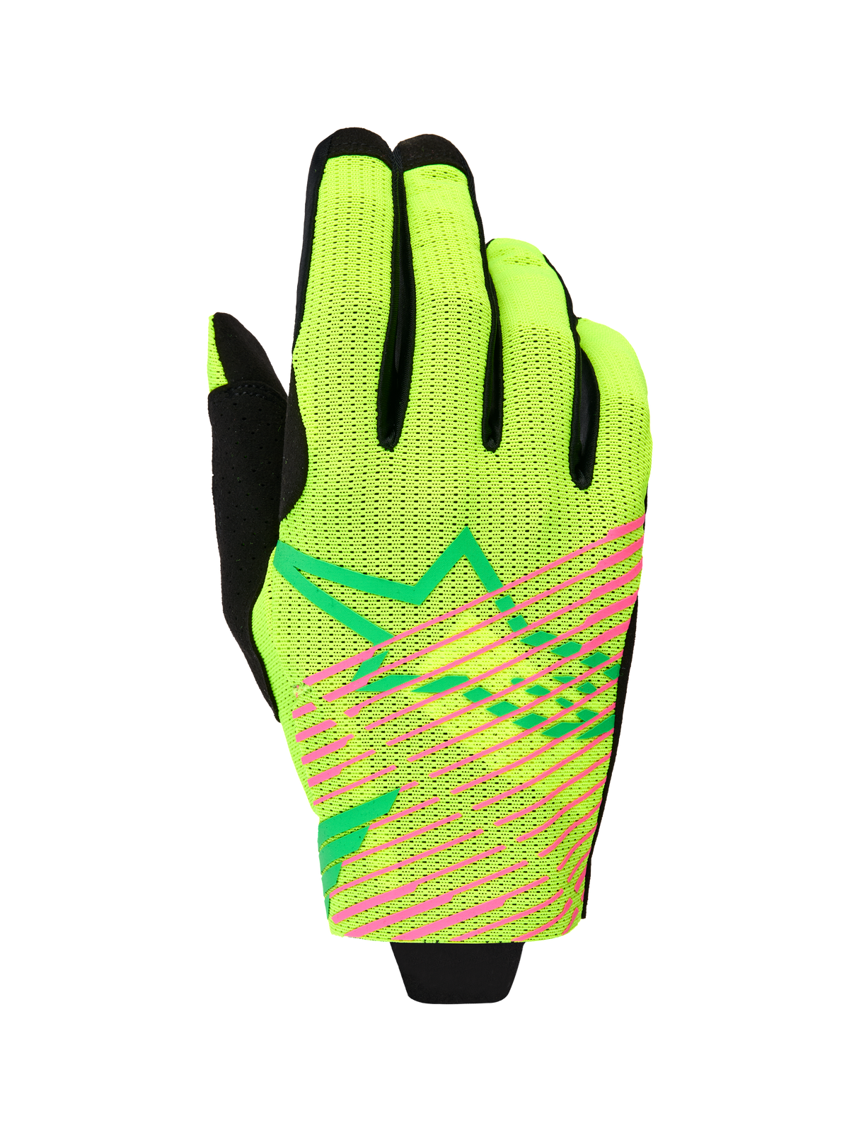 Alpinestars 2026 Radar Pro Gloves, Motocross Gloves, Green Yellow Fluo and Pink Fluo, single-layer mesh construction with vibrant pink diagonal stripes and green geometric star logo, lightweight off-road racing gear
