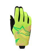 Alpinestars 2026 Radar Pro Gloves, Motocross Gloves, Green Yellow Fluo and Pink Fluo, single-layer mesh construction with vibrant pink diagonal stripes and green geometric star logo, lightweight off-road racing gear