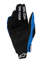 Alpinestars 2025 Radar Pro Gloves, Motocross Gloves, Blue and Black, palm view with black synthetic suede, white "ONE GOAL ONE VISION" printed on the fingers, white Alpinestars logo at the wrist, lightweight off-road racing design
