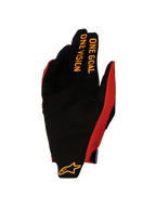 Alpinestars Radar Pro Gloves 2027, Men's Motocross Racing Gloves, Fire Red and Black, featuring a synthetic suede palm and One Goal One Vision finger graphics.