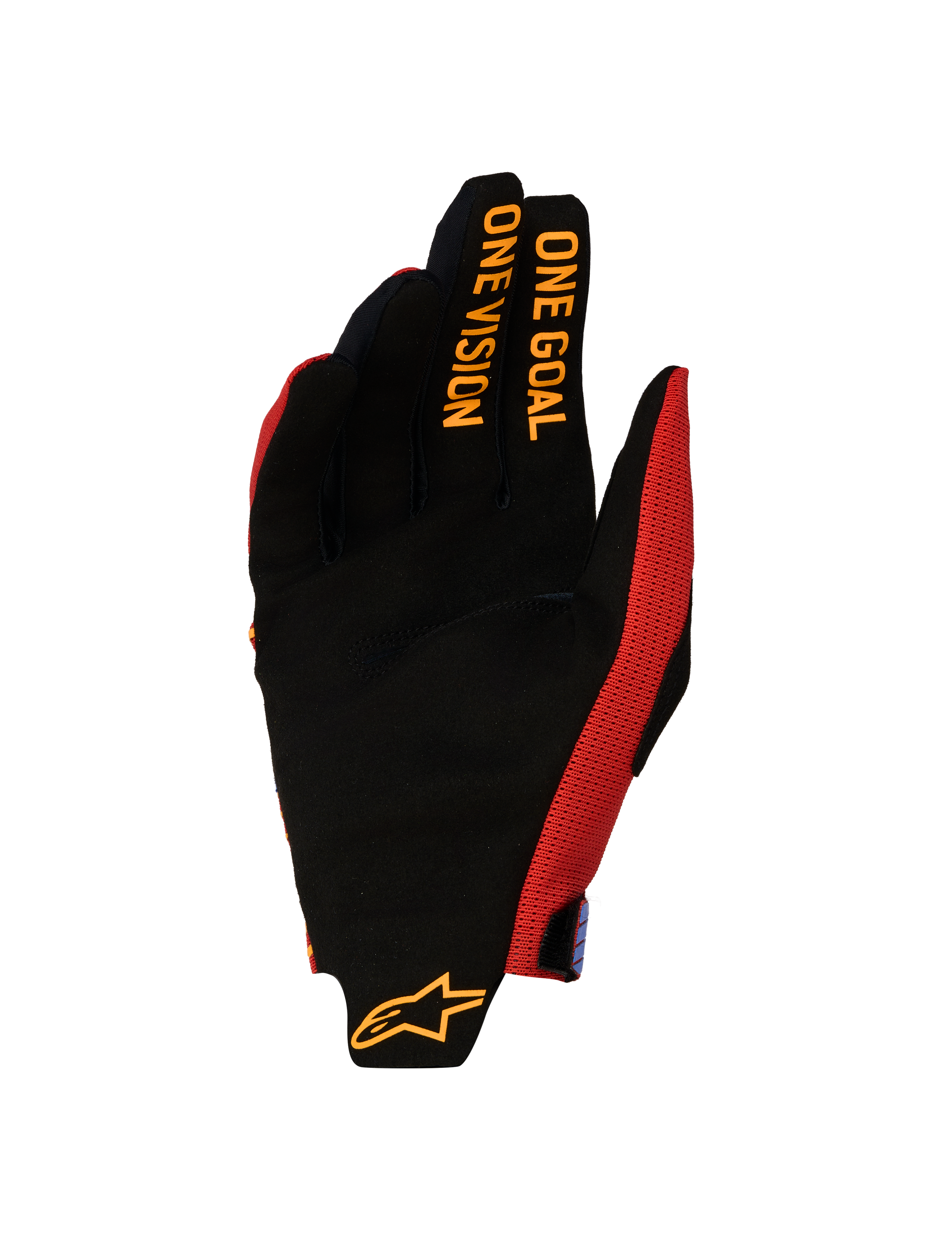 Alpinestars Radar Pro Gloves 2027, Men's Motocross Racing Gloves, Fire Red and Black, featuring a synthetic suede palm and One Goal One Vision finger graphics.