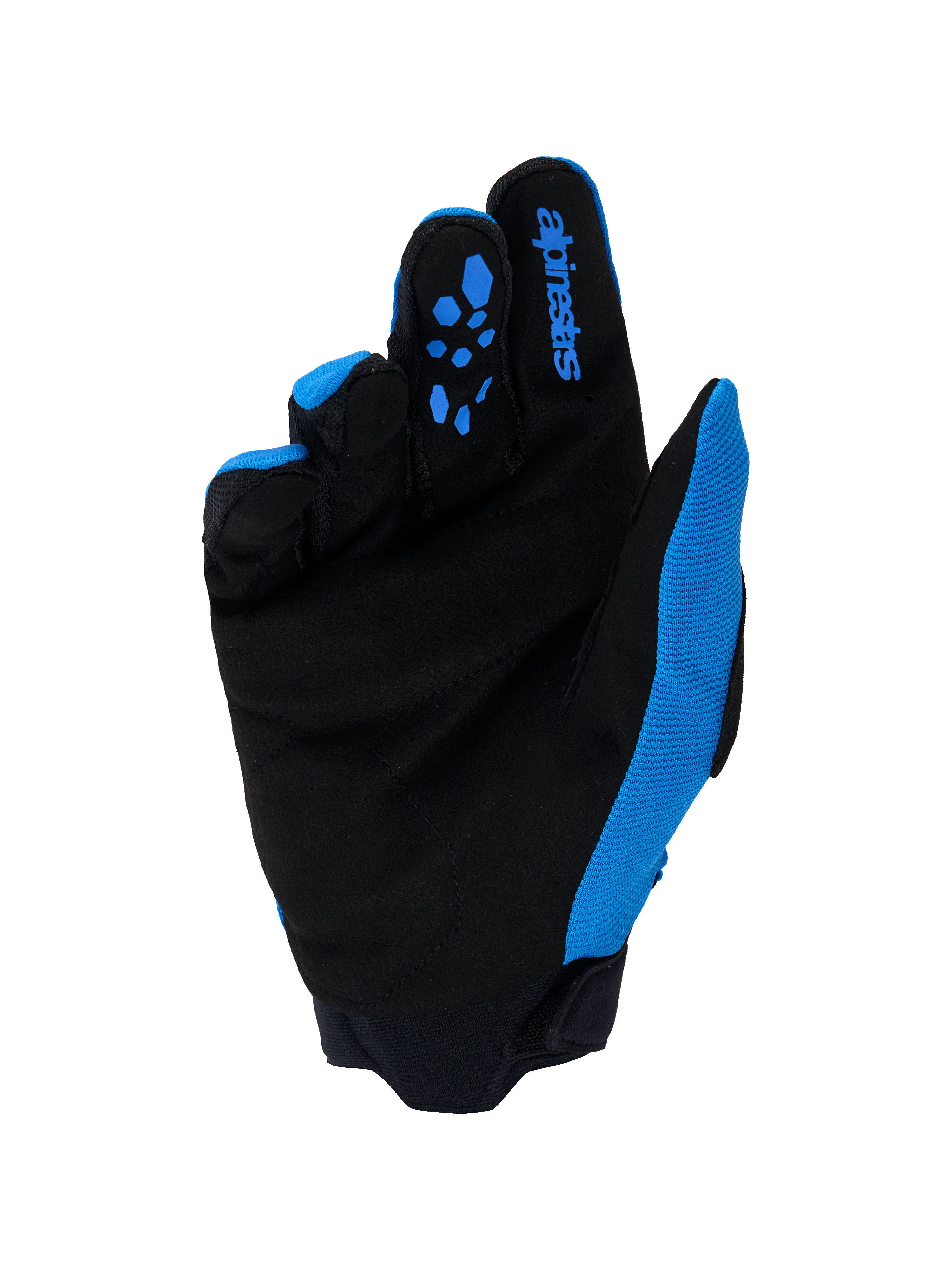Alpinestars Full Bore V2 Gloves, Motocross Gloves, Ucla Blue and Black, palm view featuring reinforced synthetic suede, blue silicone grip patterns on fingers, Alpinestars logo branding, and durable neoprene cuff