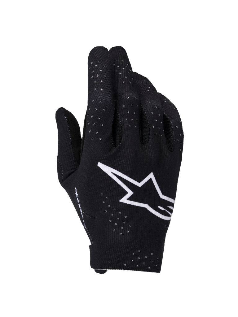 Alpinestars Supertech MX Gloves, Motocross Gloves, Black and White, backhand view featuring a large white Astars logo, laser-cut perforations for ventilation, and a seamless ergonomic design for off-road racing
