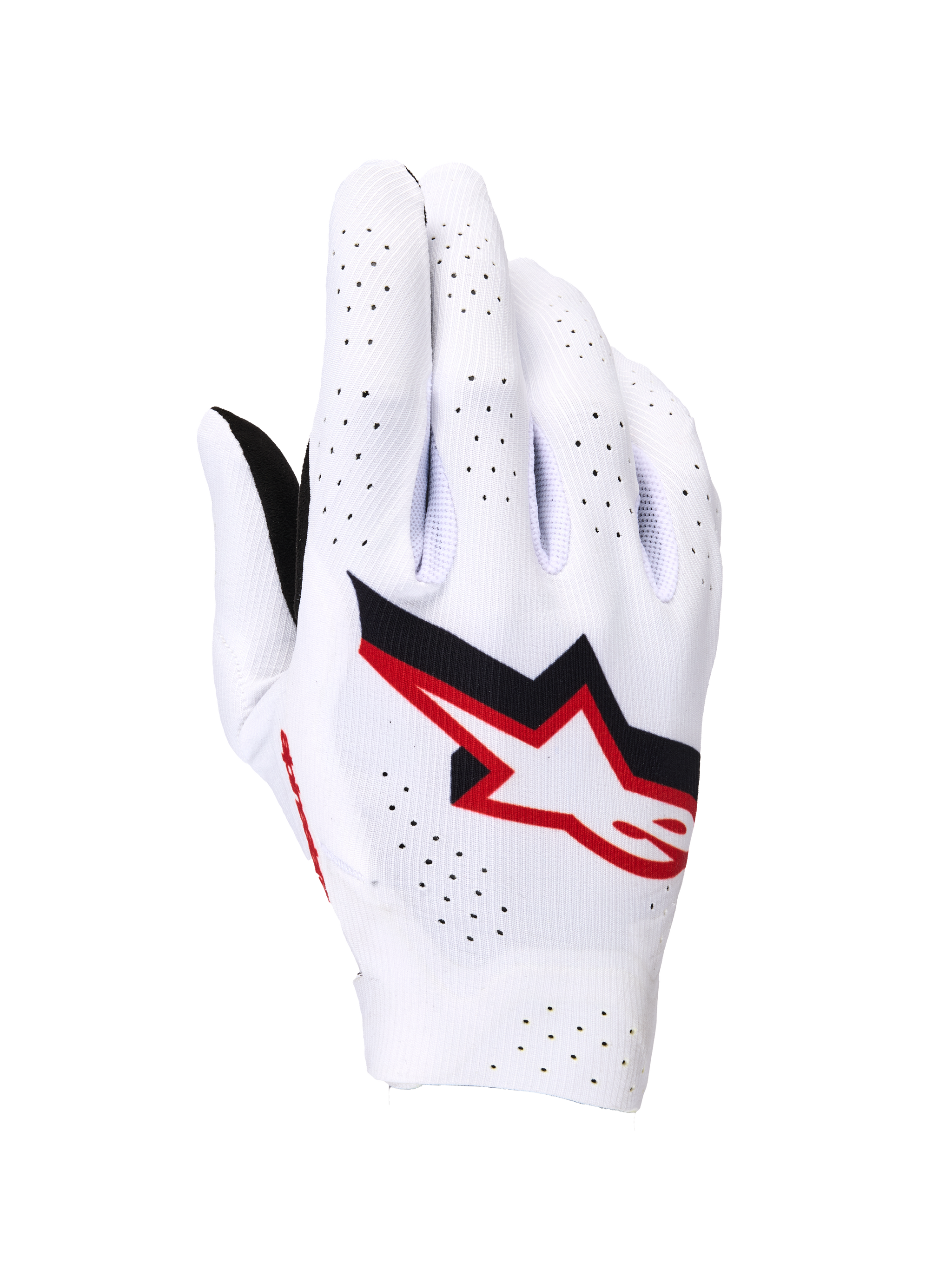 Alpinestars Supertech MX Gloves, Motocross Gloves, White with Black and Fire Red accents, backhand view featuring a bold Astar logo, extensive laser perforations for ventilation, and a lightweight seamless stretch construction for professional racing.