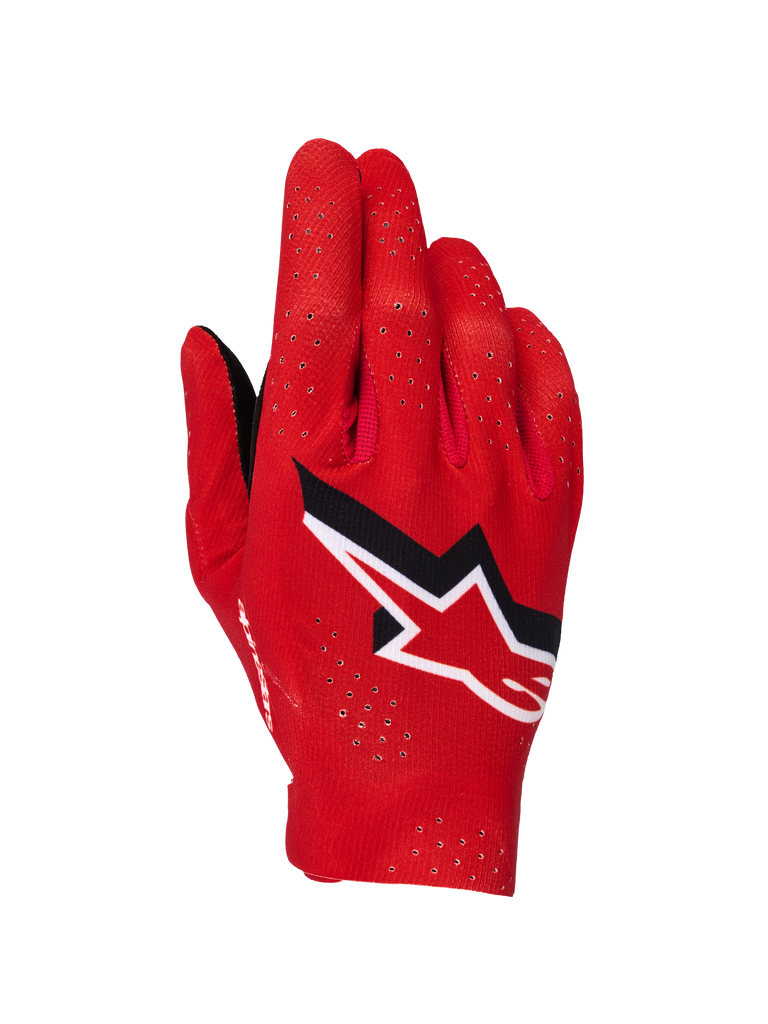 Alpinestars Supertech MX Gloves, Motocross Gloves, Fire Red Black and White, backhand view showing laser perforations for ventilation, prominent white and black Alpinestars star logo, lightweight stretch fabric design for off-road racing