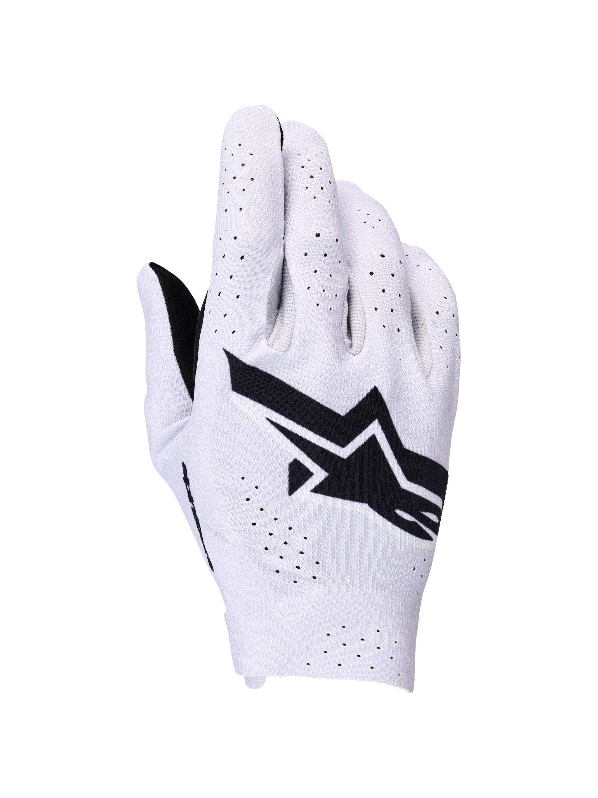 Alpinestars Supertech MX Gloves, Motocross Gloves, Light Lilac and Black, backhand view showing a large black Alpinestars logo and laser-cut perforations for airflow, lightweight single-layer stretch construction for off-road racing.