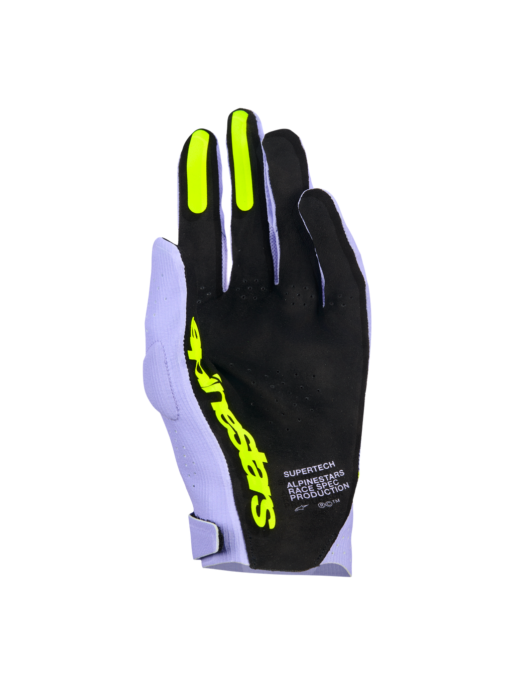 Alpinestars Supertech MX Gloves, Motocross Gloves, Lavender Violet and Fluo Yellow, palm side view featuring black perforated material, fluo yellow silicone grips on index and middle fingers, bold yellow Alpinestars branding, and 'Race Spec Production' text, high-performance off-road racing gear