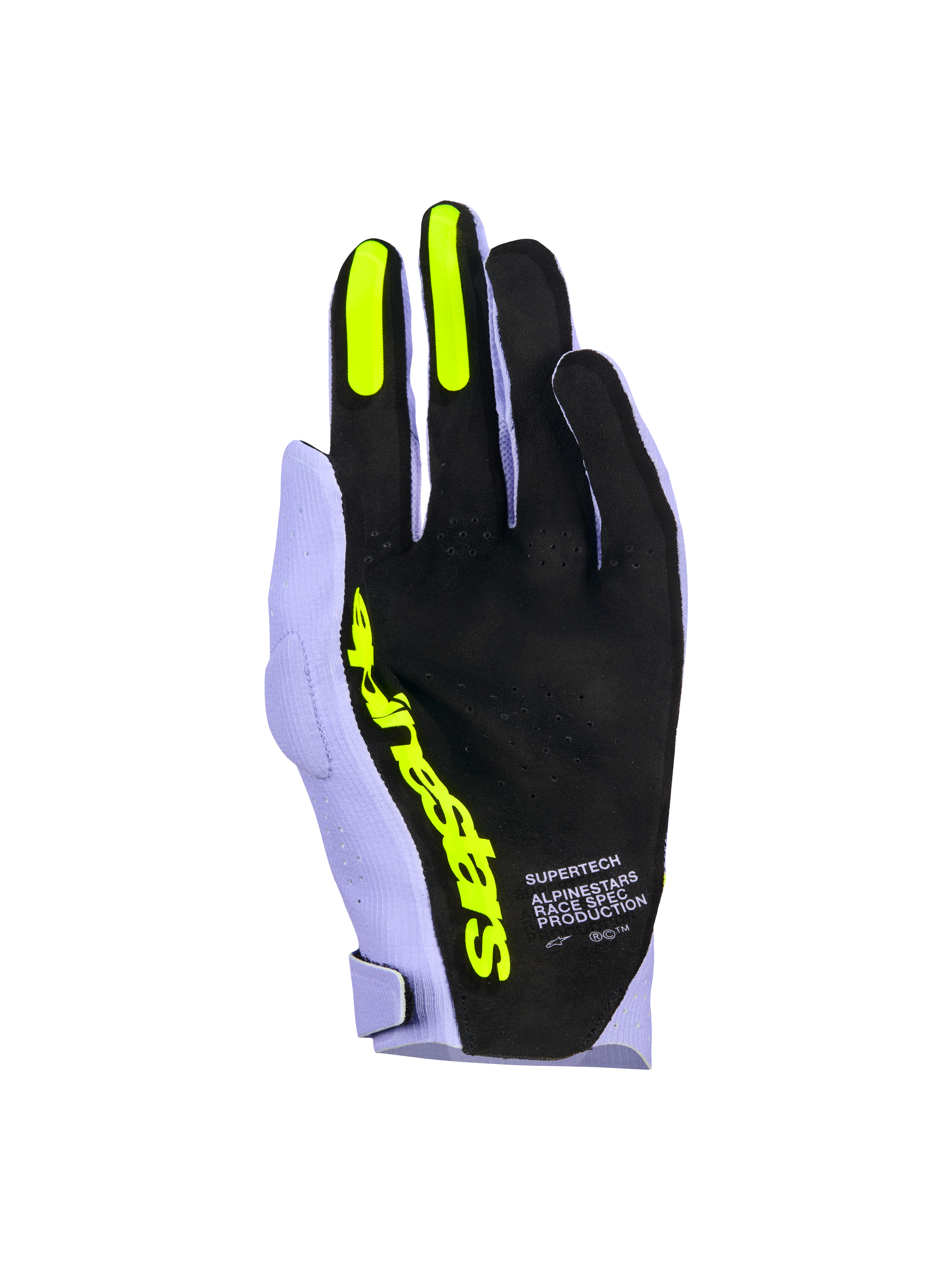 Alpinestars Supertech MX Gloves, Motocross Gloves, Lavender Violet and Fluo Yellow, palm side view featuring black perforated material, fluo yellow silicone grips on index and middle fingers, bold yellow Alpinestars branding, and 'Race Spec Production' text, high-performance off-road racing gear