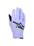 Alpinestars Supertech MX Gloves, Motocross Racing Gloves, Lavender Violet and Fluo Yellow, featuring a large navy and neon yellow star logo, laser-perforated backhand for breathability, lightweight single-layer stretch design for off-road racing.
