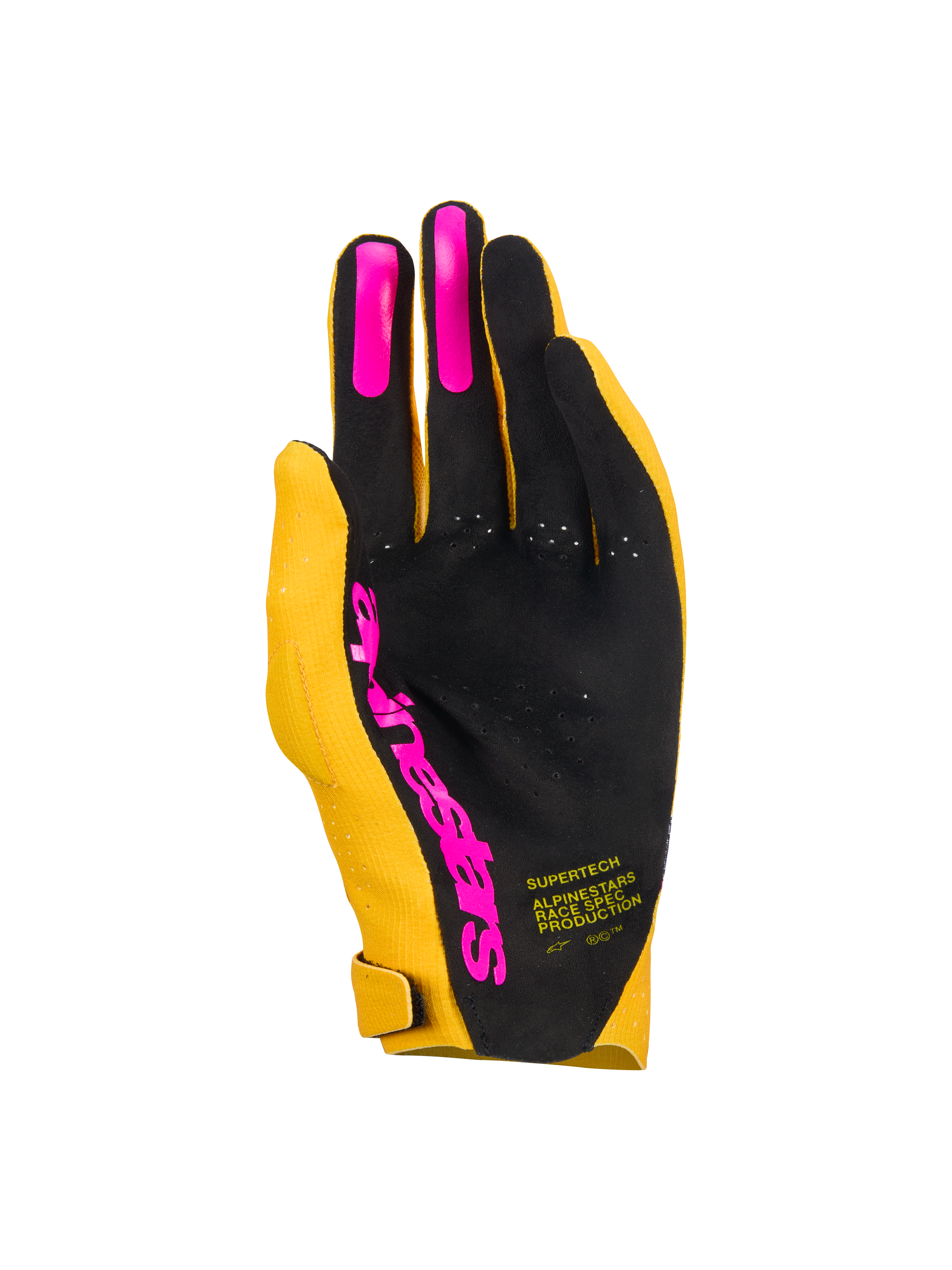 Alpinestars Supertech MX Gloves, Motocross Gloves, Gold Black and Fluo Pink, palm view featuring a single-layer perforated palm with pink silicone finger grips and Alpinestars logo, lightweight racing gear