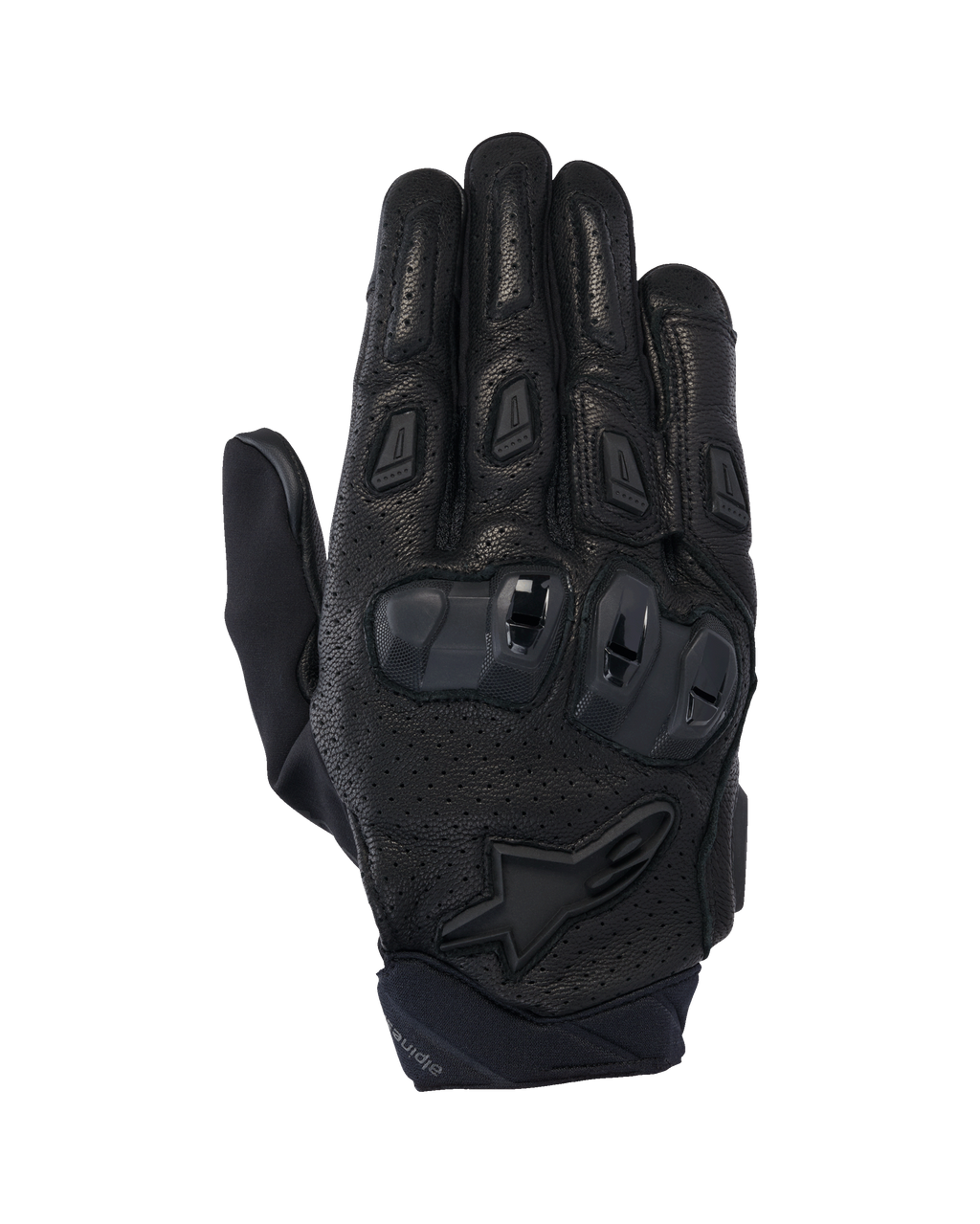 Alpinestars SP X 7 Gloves, short-cuff motorcycle road gloves, Black, featuring perforated leather for airflow, double-density TPU knuckle protection, Alpinestars star logo on the wrist, and ergonomic finger sliders
