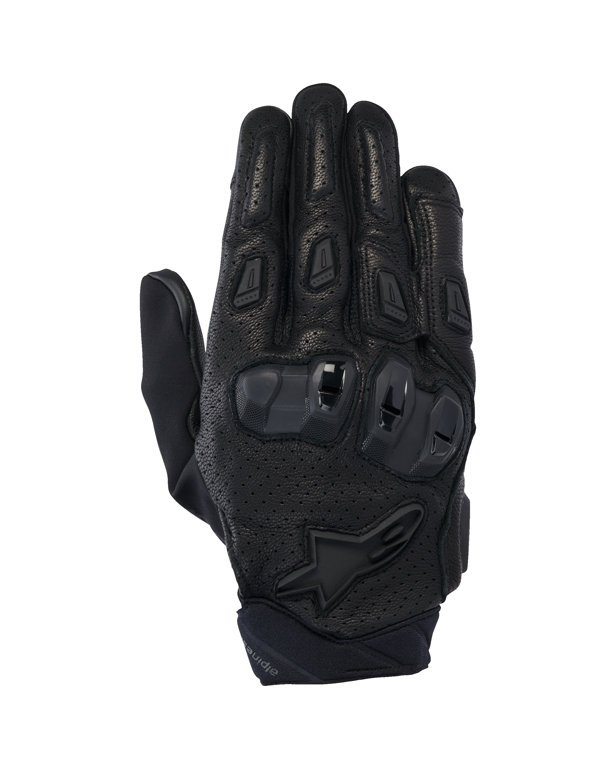 Alpinestars SP X 7 Gloves, short-cuff motorcycle road gloves, Black, featuring perforated leather for airflow, double-density TPU knuckle protection, Alpinestars star logo on the wrist, and ergonomic finger sliders