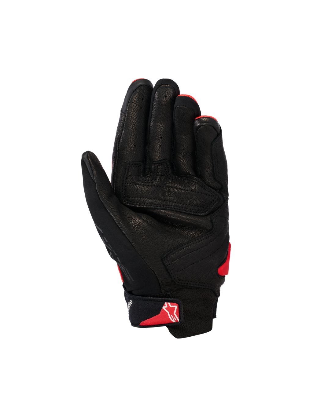 Alpinestars SP X 7 Gloves, Short-Cuff Motorcycle Gloves, Black and Bright Red, palm view showing perforated leather construction, reinforced palm panels, and red Astars logo on the wrist strap