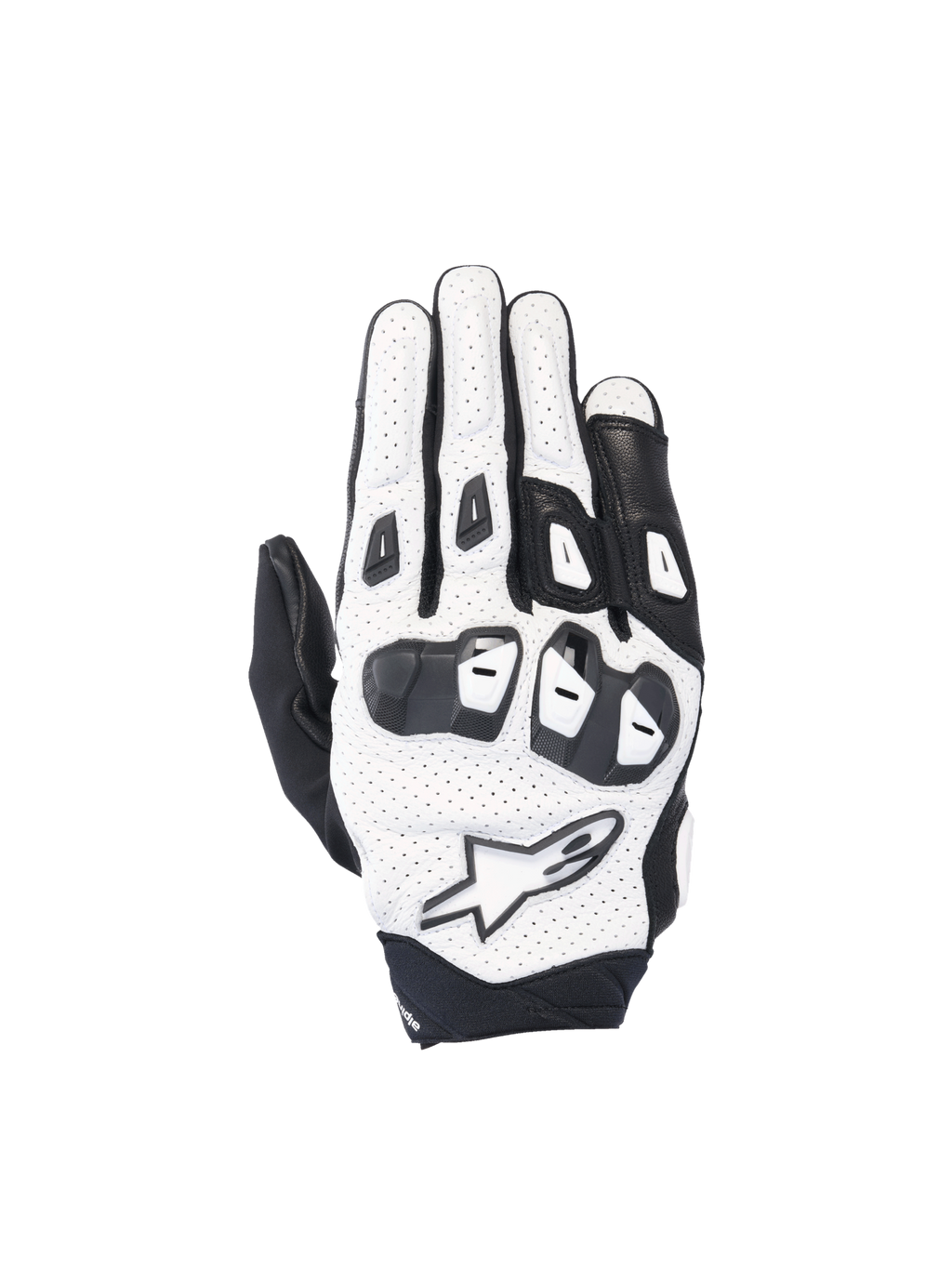 Alpinestars SP X 7 road racing gloves in white and black perforated leather with double-density TPU knuckles.