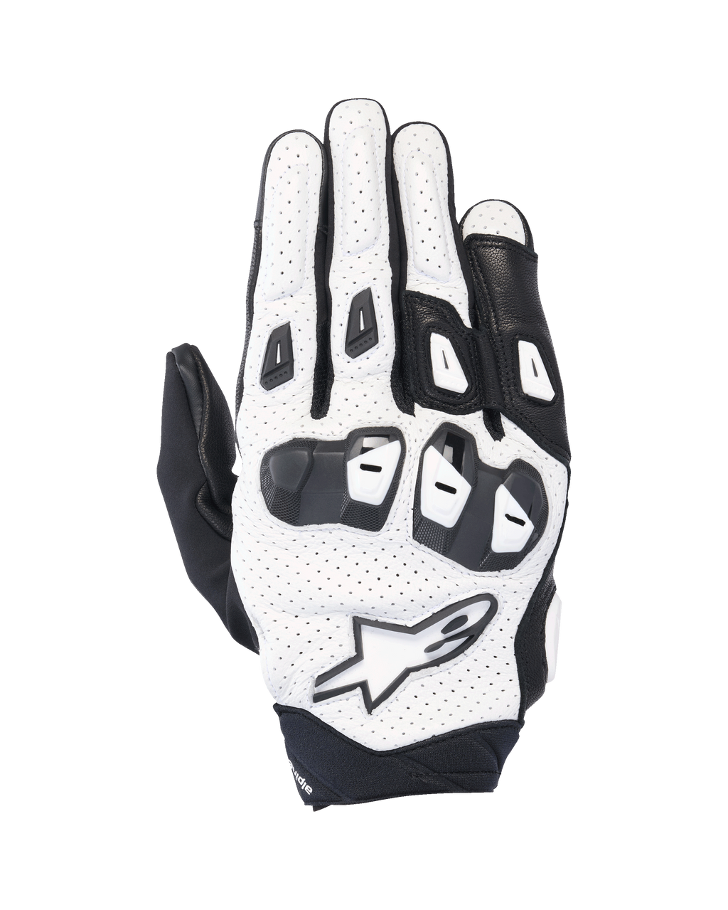 Alpinestars SP X 7 Gloves, Short Sport Motorcycle Gloves, White and Black, featuring perforated leather construction and double-density TPU knuckle protection, white star logo, ventilated design for summer performance riding