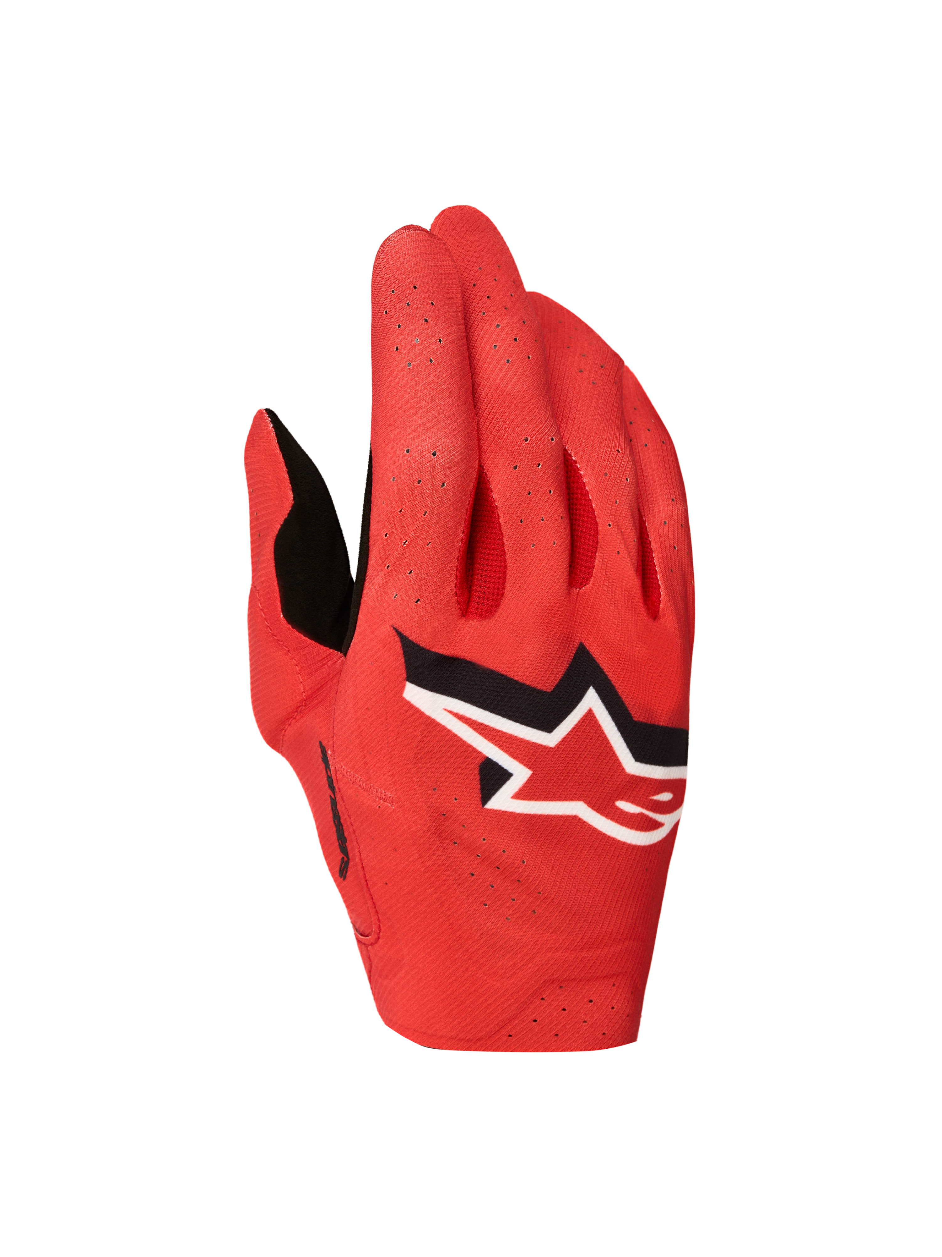 Alpinestars Supertech MX Gloves 2027, fire red motocross racing gloves with black and white star logo and laser perforations.