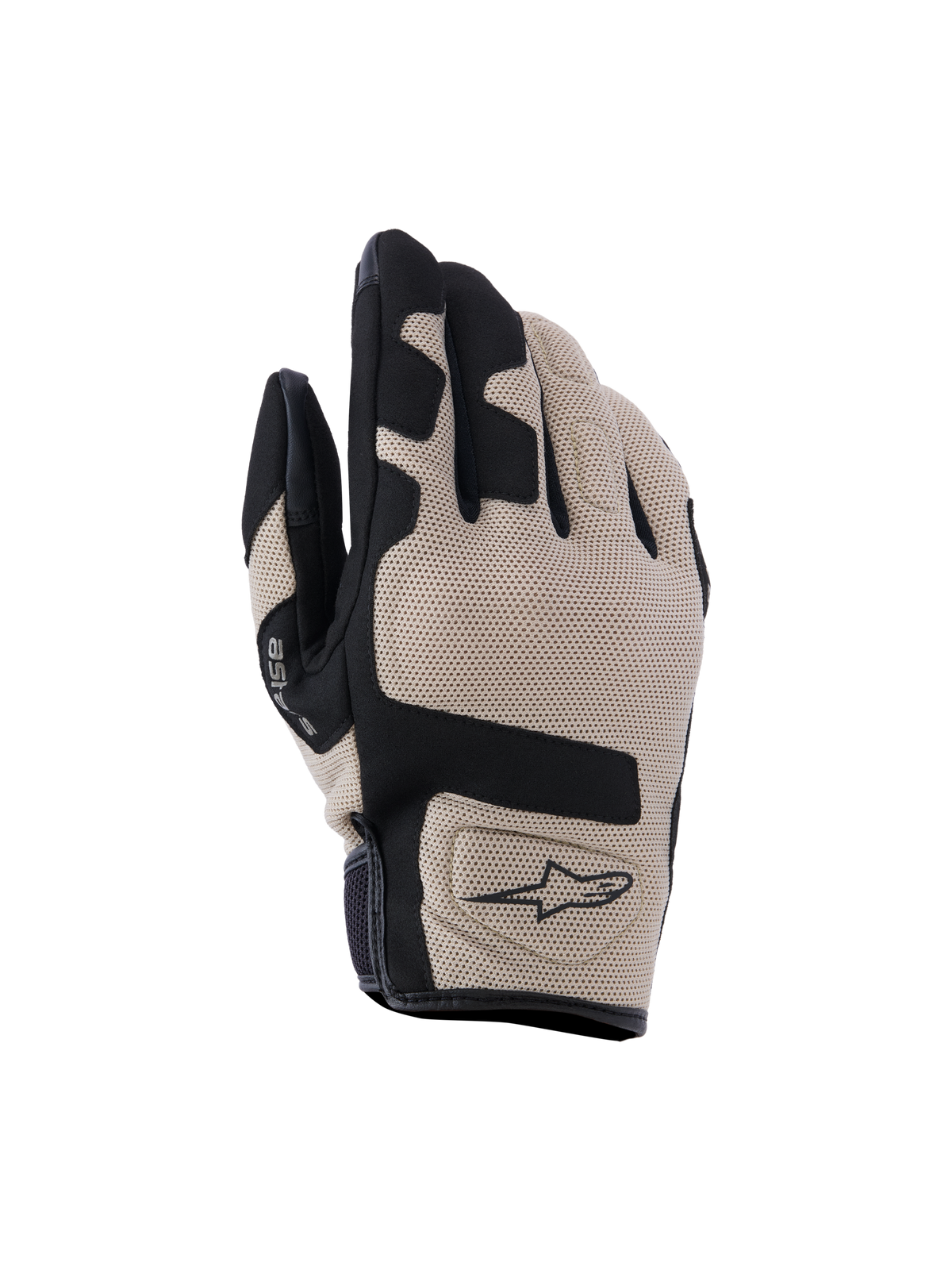 Alpinestars Ignite Gloves, Motorcycle Gloves, Beige and Black, textured mesh top hand with black panel accents, short cuff design with Alpinestars logo, lightweight and breathable protective gear for urban riding